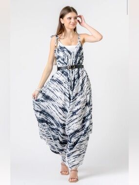 Boho Black & White Tie-Dye Wide Leg Jumpsuit, Festival, Summer, Breezy